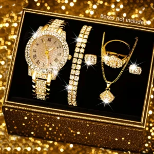 6pcs Women'S Stylish Casual Watch, Quartz Watch, Necklace, Earrings, Bracelet, Ring Jewelry Set, Perfect Gifts